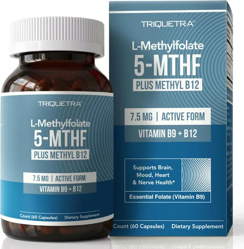 L metilfolato 7.5 mg más metilo B12 - Forma activa 5-MTHF, suplemento MTHFR - Folato metilado listo para torrente sanguíneo + coactor B12 - Apoya el