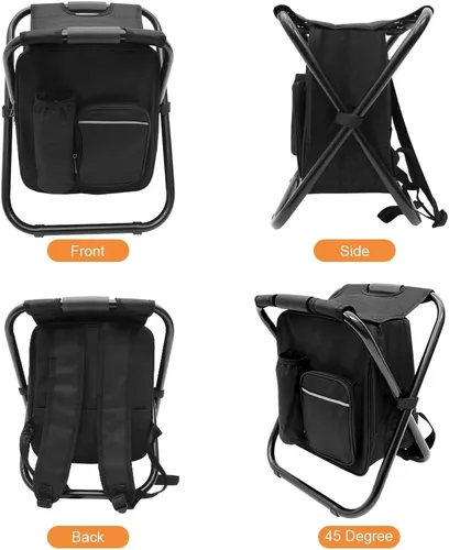 Miniatura 5 de YESIACE Taburete plegable portátil para acampar, mochila con bolsa refrigeradora, asiento de senderismo, pesca al aire libre, regalos de caza, negro