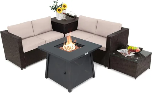 Tangkula Juego de muebles de patio de 5 piezas con mesa de fuego de propano de 50,000 BTU, juego de conversación de mimbre para exteriores con
