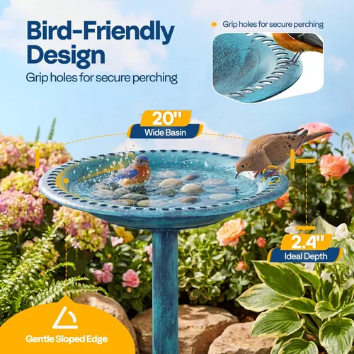 Miniatura 3 de VIVOHOME baño para pájaros, de polirresina, de 28 pulgadas de alto, antiguo, para exteriores, para el jardín, con base con flores, azul