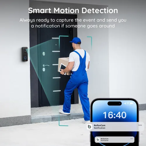 Miniatura 4 de BOIFUN Cámara de timbre de video inalámbrica, visión amplia de 180°, 2K HD, sin suscripción, detección humana AI, de pies a cabeza