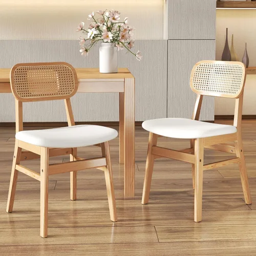 Miniatura 26 de ROCITY Juego de 4 sillas de comedor de ratán, sillas de comedor de lana de cordero blanca, sillas de cocina de madera natural, sillas de granja