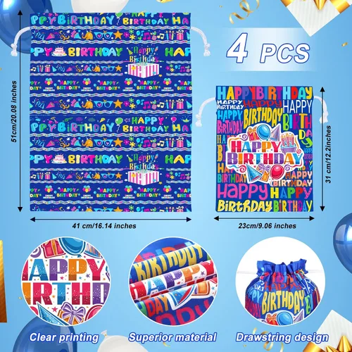 Miniatura 2 de Chapou 4 bolsas grandes de regalo de cumpleaños con cordón de 20 pulgadas, grandes de 12 pulgadas, medianas, reutilizables, de tela azul, para baby