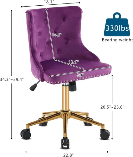 Miniatura 2 de VINGLI Silla de escritorio de oficina en casa sin brazos de color púrpura oscuro con base/ruedas doradas, pequeña silla de tocador/maquillaje linda