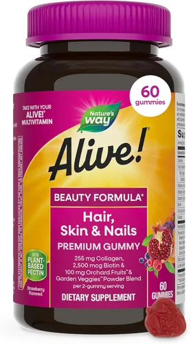 Nature's Way ¡Alive! Gomitas prémium para cabello, piel y uñas con colágeno y biotina, suplemento de fórmula de belleza avanzada con vitaminas