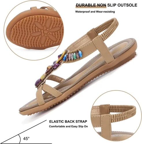 Miniatura 4 de SHIBEVER Sandalias bohemias para mujer de verano con cuentas y tirantes delgados al tobillo, zapatos elegantes
