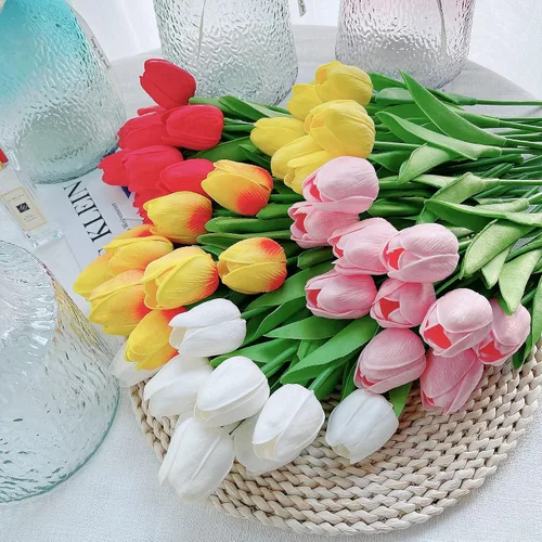 Miniatura 6 de UKELER Tulipanes artificiales a granel, 24 piezas de corona de bricolaje de tacto real, flores de tulipán artificiales para el hogar, cocina, boda