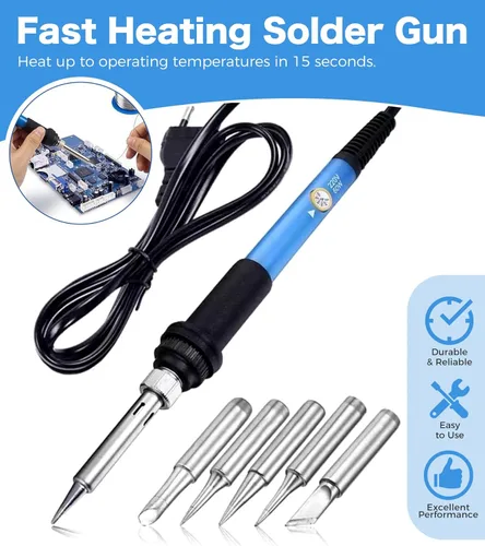 Miniatura 2 de Kit de soldador, herramienta de soldadura de temperatura ajustable de 60 W 220 V, incluye 5 puntas de repuesto, hierro de soldadura de ajuste