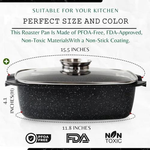 Miniatura 2 de Moss & Stone Olla Asadora Ovalada de 6 Cuartos con Tapa, 12"x8.3" Asador de Pollo de Aluminio Fundido a Presión, Compatible con Inducción, Gas