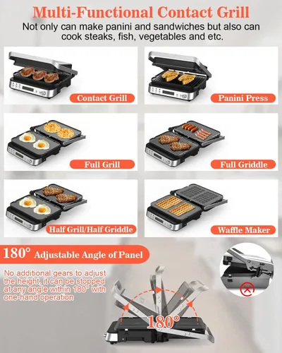 Miniatura 6 de Panini Press Grill Sandwichera con placas extraíbles, 1600 W, parrilla interior 6 en 1 con termómetro de carne, parrillas de contacto eléctricas