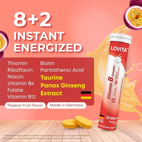 Miniatura 2 de LOVITA Comprimidos efervescentes del complejo de vitamina B, 20 unidades, más extracto de taurina y ginseng, apoya el metabolismo energético, sabor