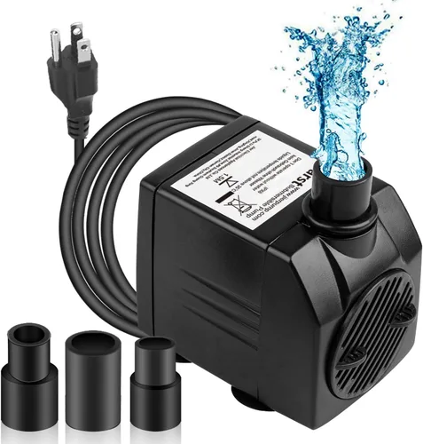 BARST Bomba de fuente de 160 GPH, pequeña bomba sumergible (600 L/H, 12 W), ultra silenciosa con cable de alimentación de 6 pies y 3 boquillas para