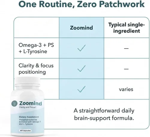 Miniatura 7 de Zoomind - Suplementos cerebrales para concentración y claridad, salud cerebral con omega-3, fosfatidilserina (PS) y L-tirosina. Apoya la función