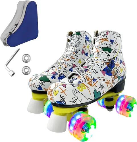 Miniatura 11 de Patines de ruedas para hombres y mujeres, patines Derby negros con 4 ruedas brillantes, patines clásicos de doble fila para interiores y exteriores