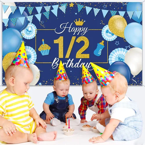 Miniatura 3 de Tatuo Decoración de fondo de cumpleaños de 1/2, 72.8 x 43.3 pulgadas, pancarta azul y dorada de medio año, suministros de fiesta de cumpleaños de 6