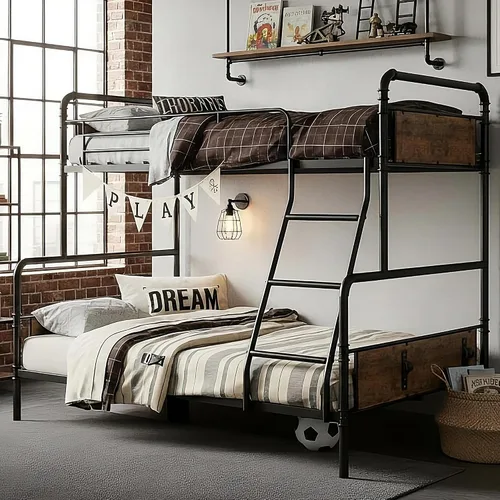 Garvee Industrial Twin Over Full Bunk Bed, Convertible to 2 Separate Single Beds, Sturdy Metal Bunk Bed with Smooth Ladder & High Safety Guardrails