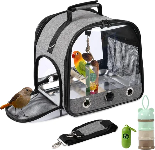 Miniatura 9 de Bolsa porta pájaros con jaula de viaje y soporte, mochila ligera para loros, bolsa de viaje portátil para pájaros, jaula de viaje transparente