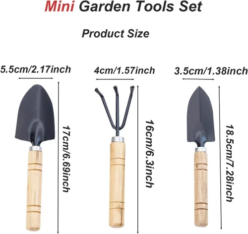 Miniatura 2 de Juego de 3 mini herramientas de jardín, palas pequeñas y rastrillo de mano con mango de madera maciza, herramientas de jardinería