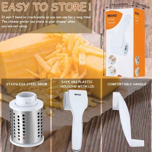 Miniatura 5 de Boao Rallador de queso giratorio manual de mano con tambor de acero inoxidable para rallar nueces de chocolate duro, herramienta de cocina, regalos