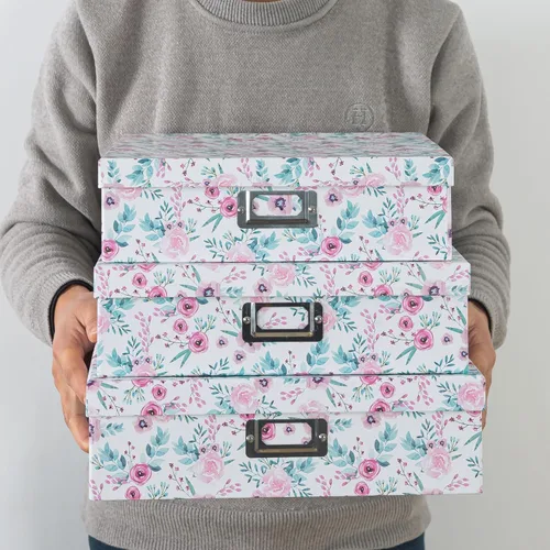 Miniatura 3 de Soul & Lane Cajas de almacenamiento decorativas florales con tapas, juego de 3 bonitas cajas de cartón anidables para fotos, documentos, álbumes