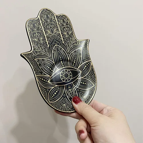 Miniatura 3 de Soporte de incienso de mano Hamsa de cerámica – Soporte de incienso de latón 2 en 1 para palos y bobinas de incienso – Decoración Zen con diseño