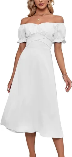 Miniatura 3 de LYANER - Vestido fruncido con hombros descubiertos, volantes, cruzado, de manga corta y abombada, para atar por detrás