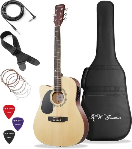 Miniatura 14 de Jameson Guitars - Guitarra eléctrica acústica de tamaño completo Thinline con funda y púas Natural para diestros