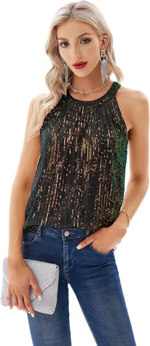 Miniatura 2 de GRACE KARIN Camisetas halter de lentejuelas para mujer, sin mangas, brillantes, fruncidas, fluidas, brillantes, para club, camisa de fiesta