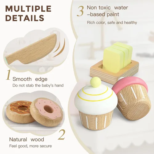 Miniatura 3 de 17 piezas de juego de alimentos de juguete de panadería de madera para niños, juego de alimentos de picnic de simulación para niños de 3 años