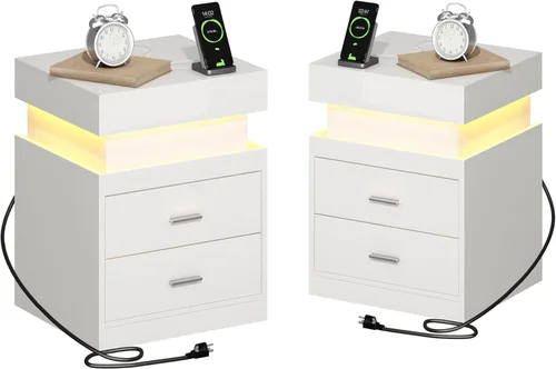Miniatura 10 de ChooChoo Mesita de noche LED con estación de carga, mesita de noche inteligente con almacenamiento superior deslizante, mesa de noche de alto brillo