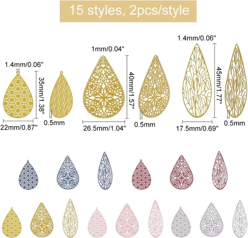 Miniatura 2 de BENECREAT 30 dijes de gota de lágrima para hacer aretes pintados en aerosol con agujero de 0.069 pulgadas, 15 estilos de adornos para hacer joyas