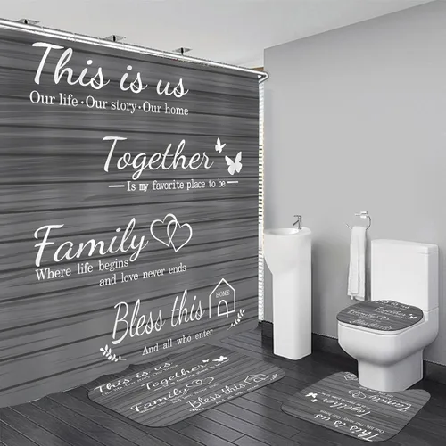 Miniatura 12 de Juego de cortinas de ducha familiares AZHM Negro para baño con cortina de ducha y alfombras y accesorios Decoración de baño con cortina y 12 ganchos