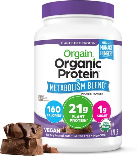 Orgain - Proteína orgánica + mezcla de metabolismo en polvo, chocolate con sabor a malta - 21 g de proteína vegetal, 5 g de fibra prebiótica, sin