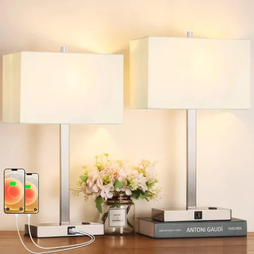 Miniatura 18 de Lynnoland Juego de 2 lámparas de noche de 21 pulgadas con tomas USB A+C y CA, control táctil, regulables de 3 vías, para dormitorio, sala de estar