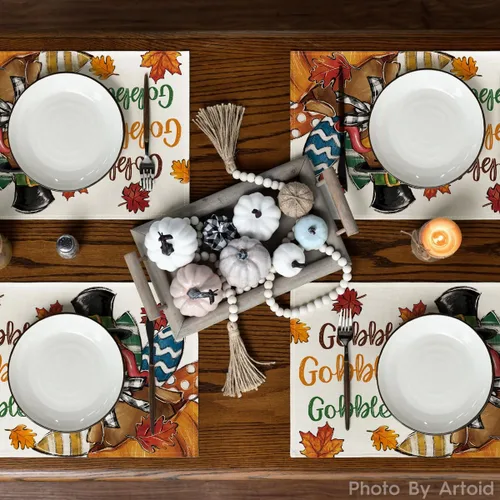 Miniatura 3 de Artoid Mode Gobble - Juego de 6 manteles individuales de pavo y hojas de arce de Acción de Gracias, 12 x 18 pulgadas, para decoración de fiestas
