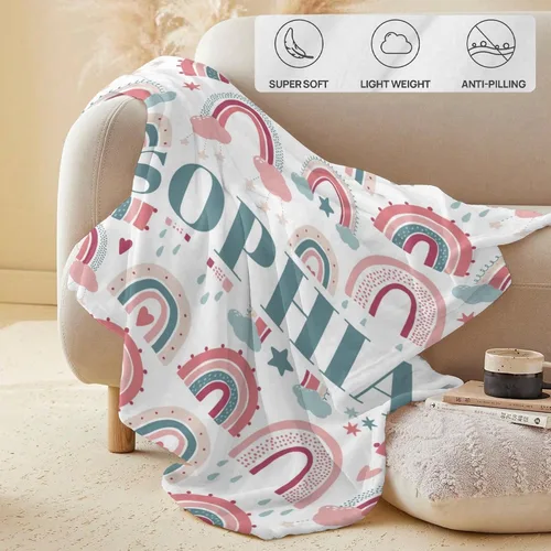 Miniatura 4 de Manta de arcoíris personalizada para familia, adultos, niños, mantas con nombre personalizado con patrón de arco iris para niños y niñas, lindas
