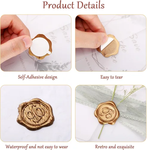 Miniatura 4 de Yoption - Pegatinas de sello de cera con letra inicial del alfabeto L, paquete de 100 unidades, autoadhesivas, estilo antiguo dorado, para sobres