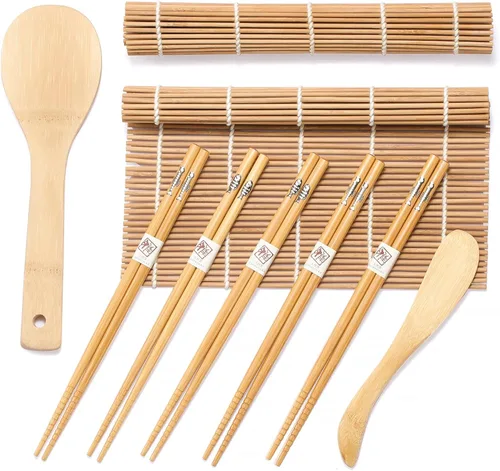 Miniatura 8 de Juego de elementos de bambú para hacer sushi Esterillas para enrollar carbonizadas, para repeler el moho. Incluye 2 esterillas para enrollar, 5
