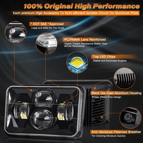 Miniatura 4 de Faros delanteros LED de 4 x 6 pulgadas con haz alto y bajo 4 piezas, faros rectangulares H6545 H4668 H4656 H4651 H4652 H4666 H4642 para Ford GMC