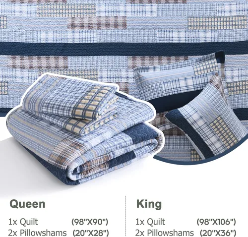 Miniatura 5 de Finlonte Edredón tamaño King, 100 % algodón, juegos de colcha tamaño King, colchas a cuadros azules, beige y blancas, ligeras, suaves
