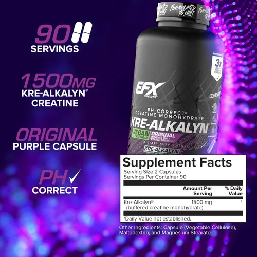 Miniatura 3 de EFX Sports Kre-Alkalyn EFX Suplemento de píldora de monohidrato de creatina con pH correcto, apto para veganos, fuerza y crecimiento muscular, 90