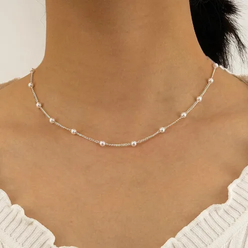 Miniatura 4 de Collar de perlas para mujer, delicado collar de perlas chapadas en oro de 14 quilates, collar de perlas blancas simples, collar de cadena fina