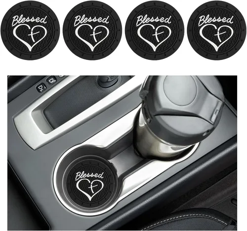 Miniatura 9 de Augeny 2PCS Posavasos para Portavasos de Coche, Posavasos de Inserción de PVC Antideslizantes, 2.76 Pulgadas Cruz Bendecida y Corazón Cristiano