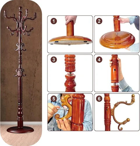 Miniatura 6 de Perchero independiente, soporte de madera con 14 ganchos, fácil montaje con base de disco estable para dormitorio, pasillo, oficina de entrada