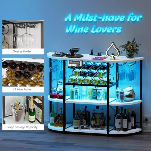 Miniatura 4 de Furmax Armario de bar de vino para barra de licor, armario de mesa con luces y tomacorriente, almacenamiento de 4 niveles, estantes de vino Blanco