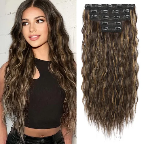 Miniatura 17 de REECHO Extensiones de cabello con clip, 5 piezas, de 24 pulgadas, de color rubio ceniza, extensiones de cabello con ondas largas y sueltas, HE002