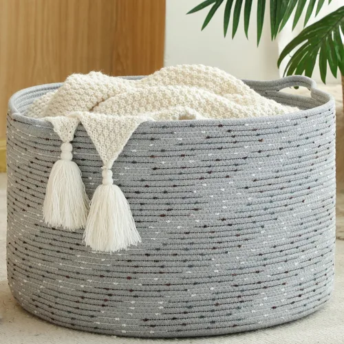 Miniatura 28 de KAKAMAY Cesta grande para manta (20 x 13 pulgadas), cestas tejidas para almacenamiento de ropa sucia de bebé, canasta de manta de cuerda de algodón