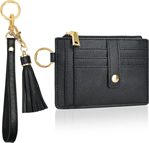 Miniatura 8 de Cartera con llavero de pulsera, cartera de cuero con correa de pulsera, bolsillo delgado RFID para tarjetas de crédito con cordón, Negro -, Plegable