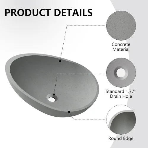 Miniatura 3 de Dolonm Fregadero de baño para baño, lavabo de baño de hormigón en gris sin grifo ni drenaje, 21 x 15 pulgadas, en forma de huevo