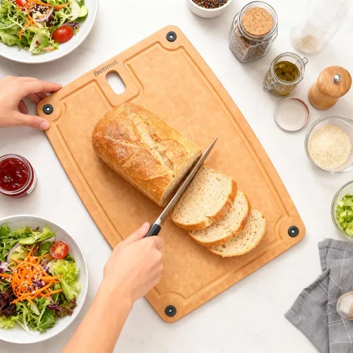 Miniatura 7 de Juego de 2 tablas de cortar para cocina, aptas para lavavajillas, ecológicas, tabla de cortar reversible con asas y ranuras para jugos, tabla